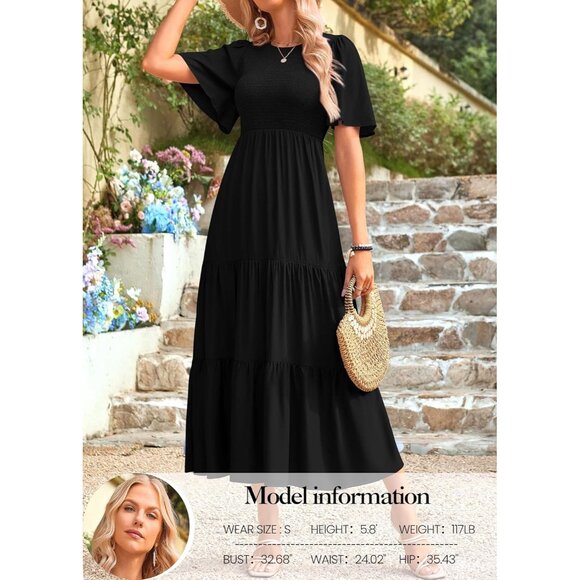 Women's Flowy Midi Dress Viscose Short Sleeve Smocked Tiered Casual Wear - Picture 3 of 5
